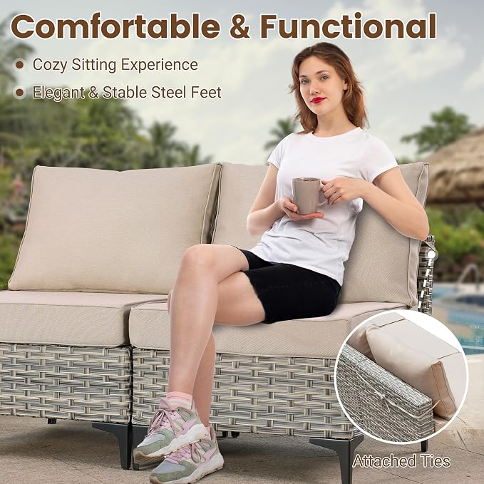Outdoor Sectional Patio Furniture Set,9 Pieces All Weather Rattan Wicker Conversation Sets with Fire Pit,Out Door Furniture with Swivel Chairs Glowing Coffee Table,Beige
