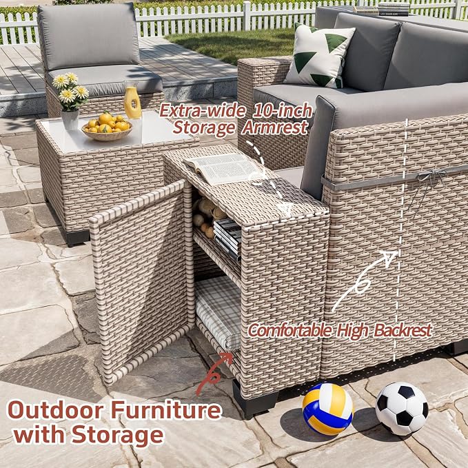 16 Pieces Patio Furniture Set with Fire Pit Table, Outdoor Sectional Wicker Sofa with Thick Cushions, High Back Swivel Rocker Patio Chairs, Rattan Conversation Set with Coffee Table, Grey