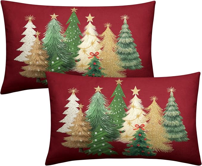 Red Christmas Lumbar Pillow Covers 12x20 Set of 2 Gold Green Xmas Tree Pillow Case Winter Holiday Throw Pillow Covers Rectangular Decorative Cushion Case for Couch Sofa
