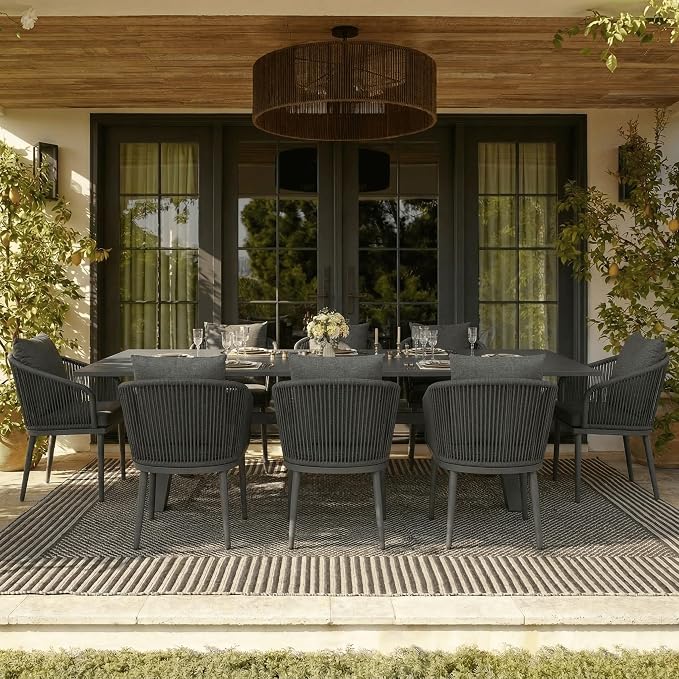 7-Piece Patio Dining Table Sets, Woven Wicker Dining Set with Rectangular Aluminum Table and Dining Chairs Modern Outdoor Dining Furniture Set for Outdoors and Indoors