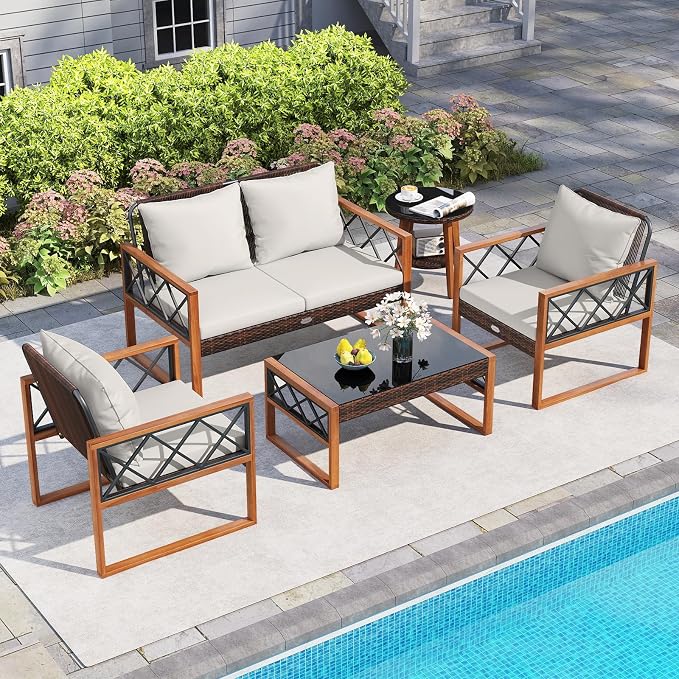 Tangkula 5 Pieces Wicker Patio Conversation Furniture Set, Outdoor Glass Coffee Tables with Acacia Wood Frame and Cushioned Armchairs for Deck, Garden and Backyard