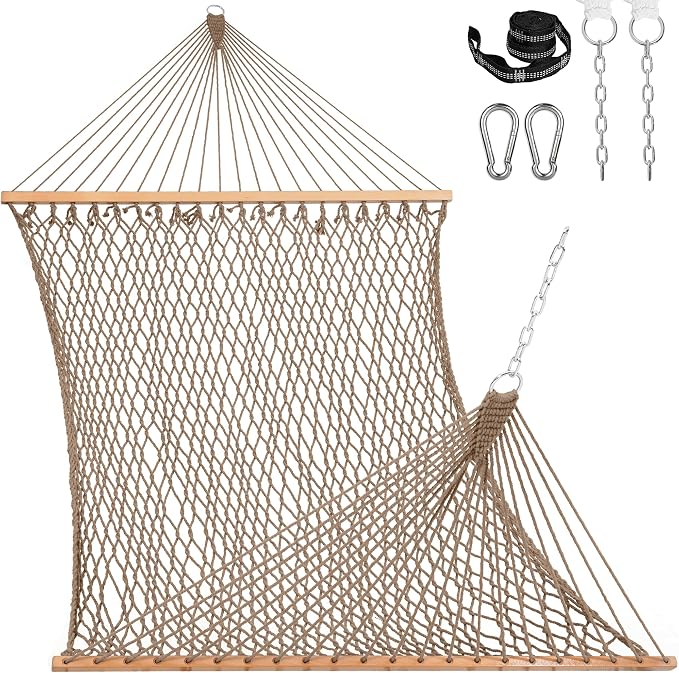 Lazy Daze Hammocks 12FT Double Rope Hammocks, 2 Person Hand Woven Cotton Hammock with Spreader Bar, Carabiner, Tree Strap, Chain for Outside, FIT 13-15 FT Stand, Max 450 Lbs, Brown