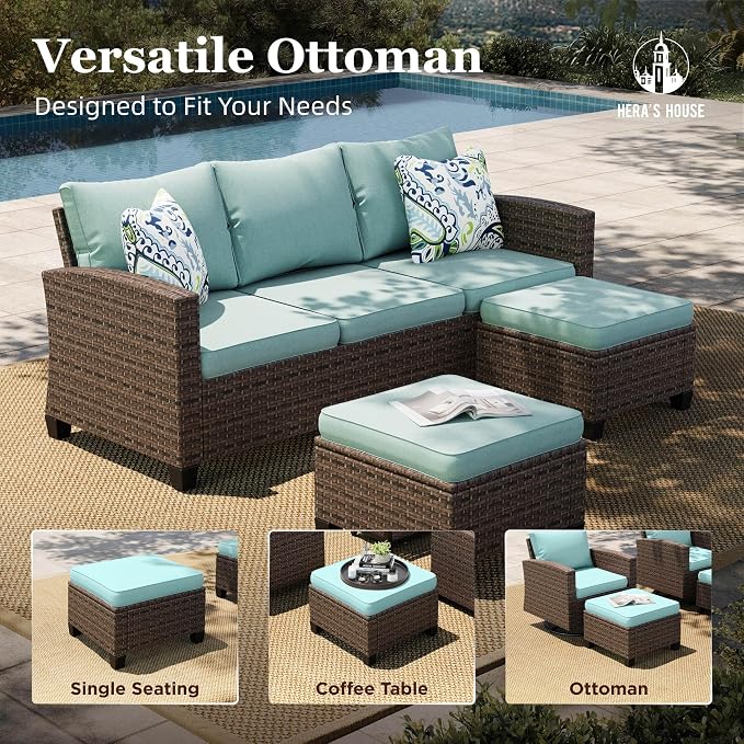 HERA'S HOUSE Swivel Glider Patio Furniture Set, Outdoor Sectional Conversation Sets with 56" Fire Pit Table, 8 Pieces 9 Seats Outside Sofa for Lawn Deck Backyard, Blue
