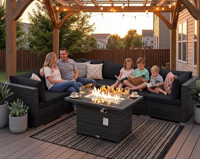NICESOUL 7 Piece Outdoor Furniture Set with Fire Pit Table Natural Gas & Propane Convertible, 29.3'' High Back Extra Large Rattan Patio Modular Sectional Conversations, 2 Color Cushion Black & Gray