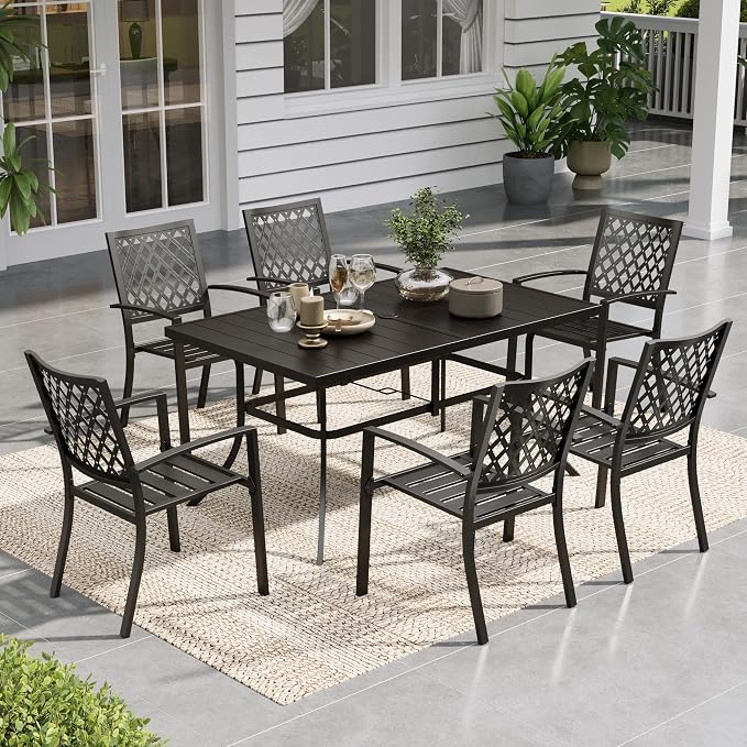 Sophia & William Patio Table and Chairs Set, Outdoor Dining Set for 6, 7 Piece Metal Patio Furniture, 60" Black Rectangular Table(Diamond)