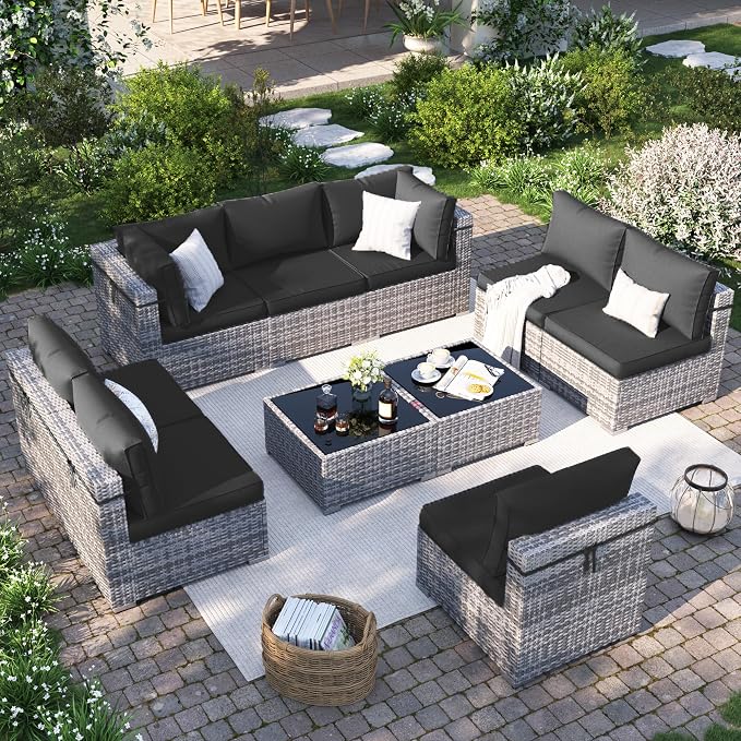 Patio Furniture Set, Modular 10-Piece Patio Conversation Sets with Coffee Table, All-Weather Wicker Outdoor Sectional for Backyard and Balcony, Black (Waterproof Covers Included)