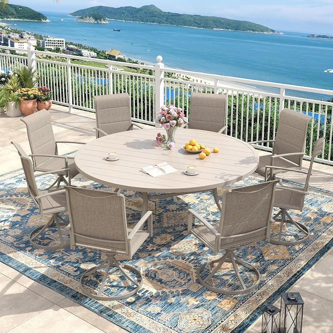 Outdoor Dining Set for 8, 63" Outdoor Dining Table with Umbrella Hole and Padded Textilene Patio Swivel Chairs, 9 Pieces Patio Table and Chairs Set for Garden Backyard, Sandshell