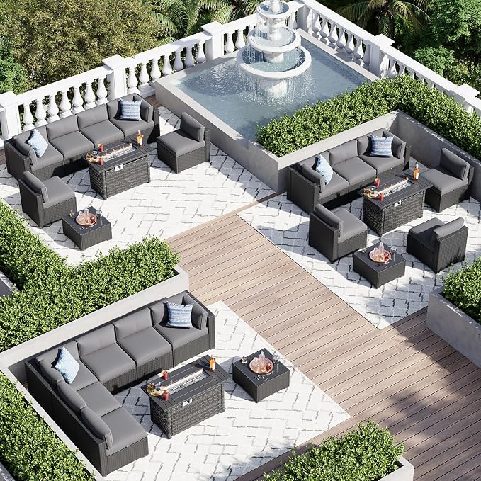 Aoxun 8 Piece Patio Furniture Set with 44" Fire Pit Table Wicker Rattan Sectional Sofa Outdoor Seating with Thickened Cushion, Grey