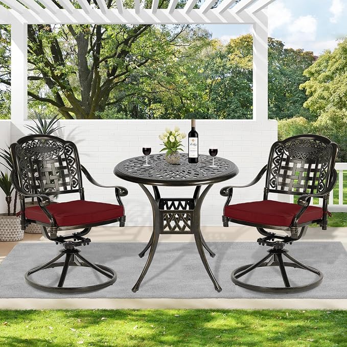 MEETWARM 3-Piece Outdoor Patio Dining Set, All-Weather Cast Aluminum Patio Conversation Set with 2 Cushions Swivel Rocker Chairs and 31" Round Table for Backyard Garden Deck, Umbrella Hole, Chili Red