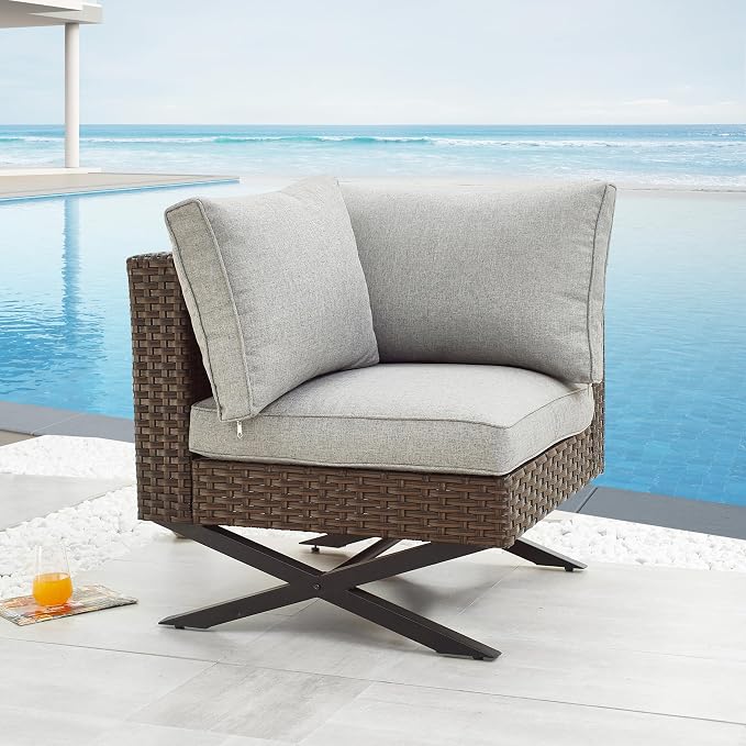 LOKATSE HOME Rattan Corner Sofa X Shape Leg Outdoor Furniture Patio Left-arm Chair with Cushions for Garden, Pool, Backyard, Brown