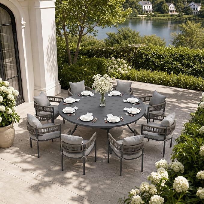 VICLLAX Patio Dining Set, 63" Dark Grey Table & 6 Chairs with Grey Cushion | Outdoor Table and Chairs Set of Round Metal Patio Table, Outdoor Dining Chairs with Metal Frame, Garden Deck Porch