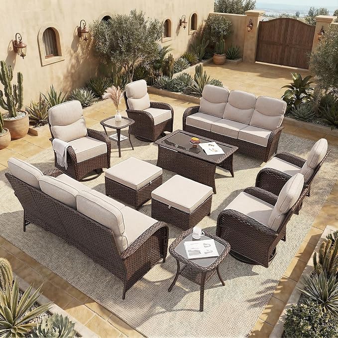 Patio Furniture Set with Luxury 6" Cushions, 11 Pieces Swivel Rocking High Back Patio Chairs, Couch and Ottoman, Outdoor Wicker Conversation Set for Deck, Porch, Backyard, Poolside, Beige