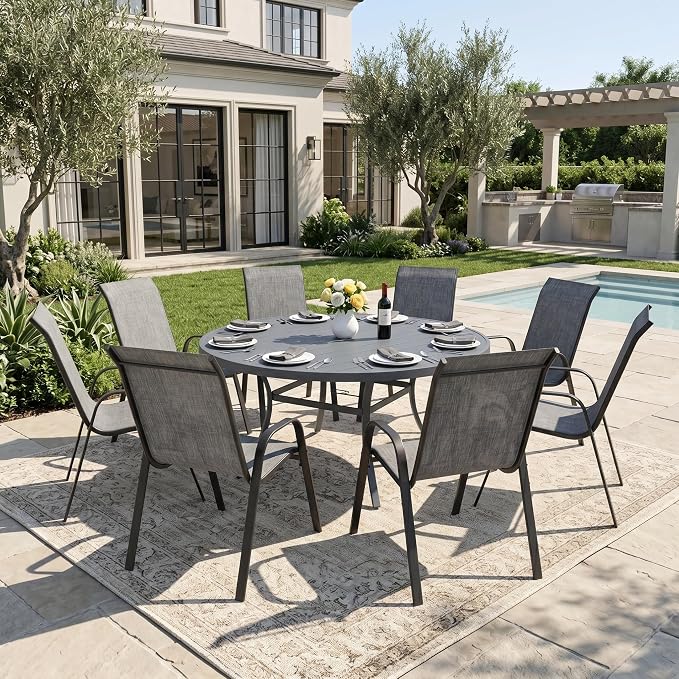 DIFY 9 Piece Outdoor Dining Set, 53" Round Metal Patio Table and Textilene Stackable Chairs for 8, All Weather Patio Furniture Set with Umbrella Hole for Backyard Garden Deck, Grey