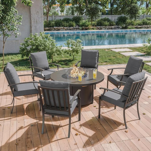 ALAULM 7-Piece Outdoor Dining Set for 6 Metal Outdoor Patio Furniture with 40000 BTU Round Fire Pit Table for Patio, Backyard, Garden-Grey