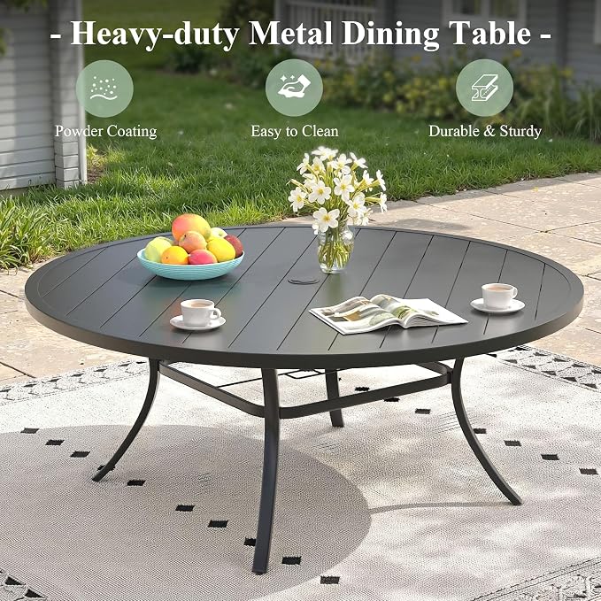 11 Pieces Outdoor Dining Set, Stackable Textilene Paito Chairs & 63" Round Dining Table with Umbrella Hole, Patio Dining Set for Backyard, Deck, Garden, Brown & Black