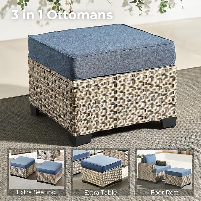 HOOOWOOO Outdoor Sectional Patio Furniture Set with Fire Pit Table,15 Pieces Wicker Conversation Sets L Shaped Couch,Extra Deep Out Door Sofa Outside Furniture with Swivel Chairs Ottoman,Denim Blue