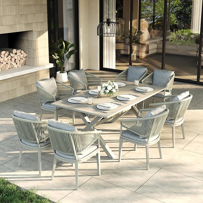 LayinSun 9 Piece Outdoor Dining Table Set, Aluminum Modern Rectangular Dining Table and All-Weather Wicker Chairs Set for Patio Deck Indoor Decor Kitchen