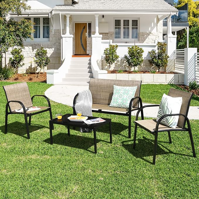 DORTALA 4 Piece Outdoor Furniture Set, Patio Conversation Set with Loveseat, 2 Single Chairs, Patio Sofa Garden Sofa Set with Steel Frame, Ideal for Balcony,Poolside, Brown