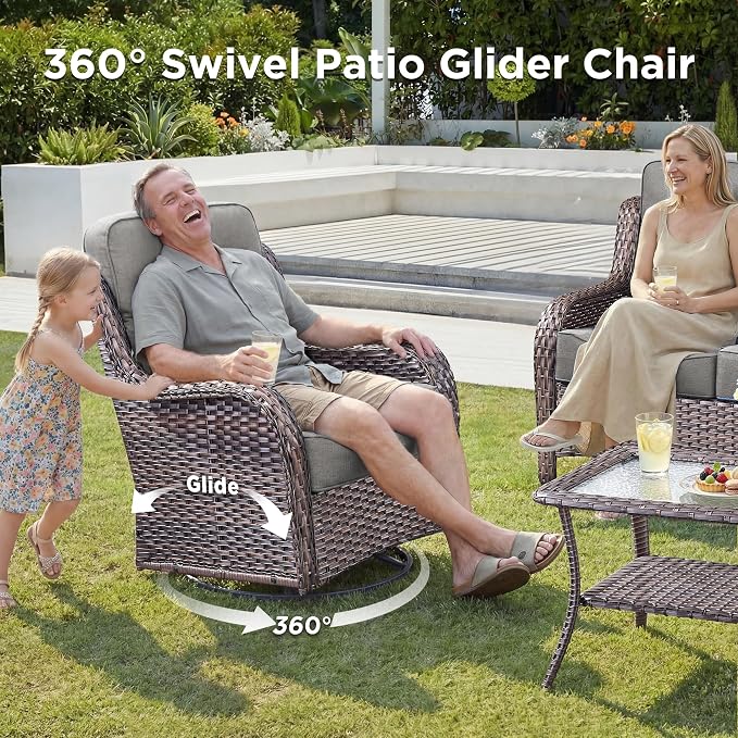 Luxury 7 Pieces Outdoor Patio Furniture Set-All Weather Wicker Outdoor Furniture with Swivel Rocker Patio Chairs 6-inch Extra Thick Cushions Wicker Conversation Set for Garden Porch(Brown/Grey)