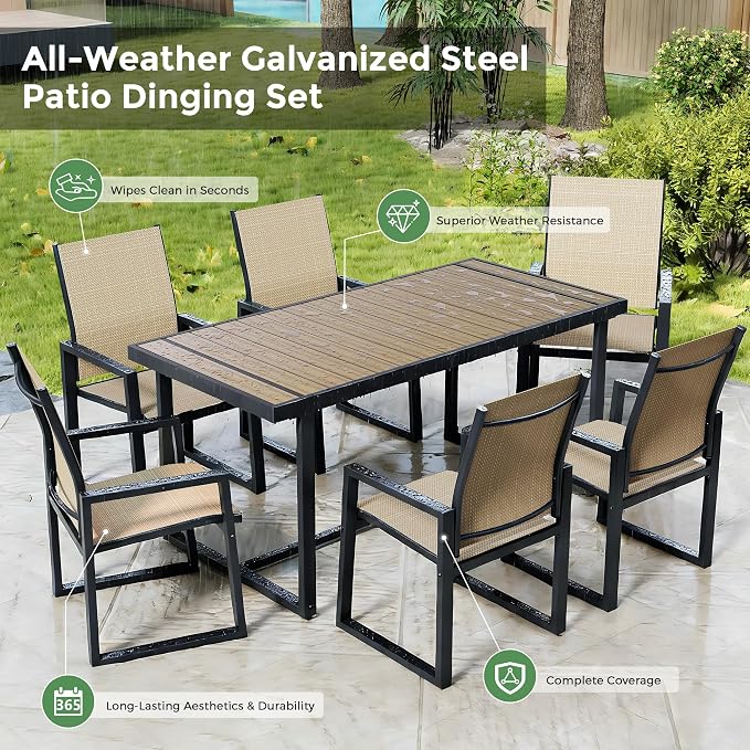 Jocoevol Outdoor Dining Set for 6 Patio Furniture Set 7 Piece Patio Table and Chairs Set Includes 67" Rectangle Table and 6 Textilene Dining Chairs, All Weather Patio Dining Sets for Backyard Garden