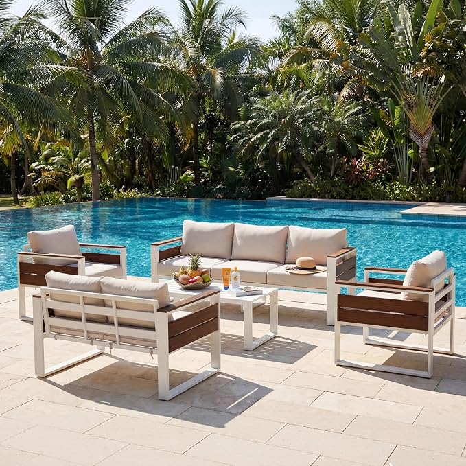 Aluminum Outdoor Patio Furniture Set, 7 Seats Outdoor Patio Sectional with 5" Plush Olefin Cushions & Sleek Design, All-Weather Conversation Sets for Backyard, Deck, Poolside