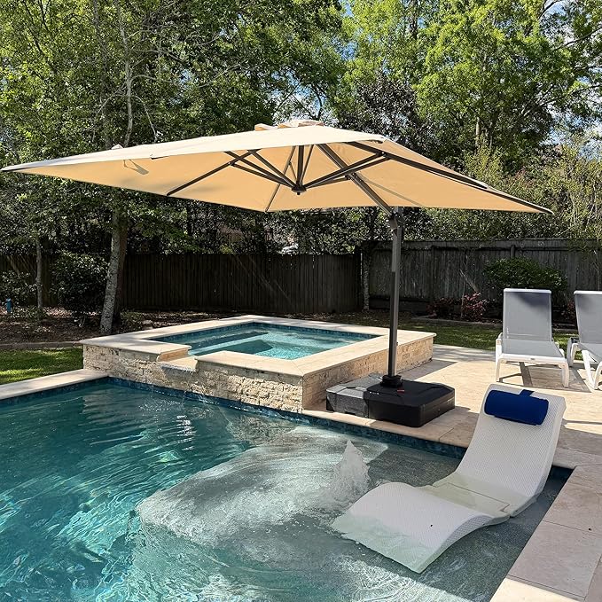 PURPLE LEAF 8' X 8' Patio Umbrella with Base for Pool 7' High Offset Outdoor Cantilever Umbrella Swimming Pool Umbrella with 360°Rotation for Poolside Beige