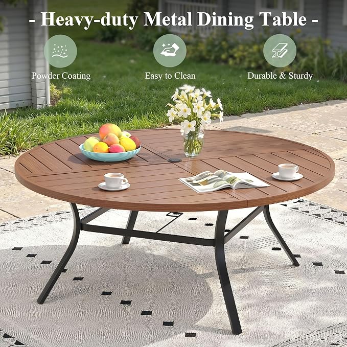 Outdoor Dining Set for 8, 63.1" Metal Round Outdoor Dining Table with Umbrella Hole and Sling Patio Swivel Chairs, 9 Pieces Patio Table and Chairs Set for Garden, Mixed Brown and Walnut