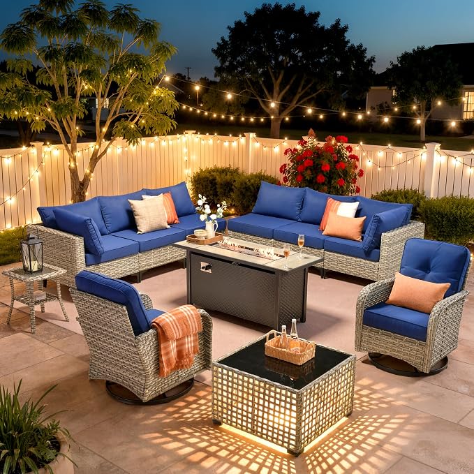 11 Piece Patio Furniture Set Outdoor Sectional with 54" Fire Pit Table, Wicker Swivel Rocking Chairs and L-Shaped Rattan Couch, Modular Conversation Set with Solar Coffee Table for Backyard, Navy Blue
