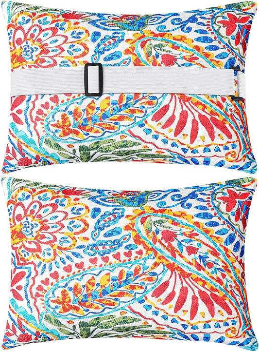 Juexica 2 Pack Chaise Lounge Pillow with Strap Outdoor Waterproof Beach Chair Neck Headrest Pillow Adjustable Elastic Band for Hammock Lumbar Recliner Pillows for Patio Pool Chair(Paisley)