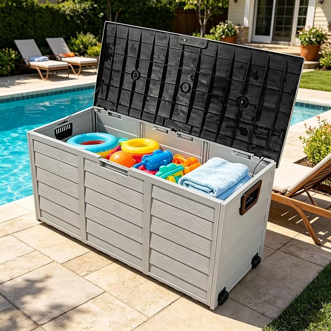75 Gallon Large Outdoor Storage Box, Indoor and Outside Deck Box with Lockable Design Lids, Waterproof Resin Storage Containers Bin for Garden Garage Patio Poolside Toy Storage Black & Gray