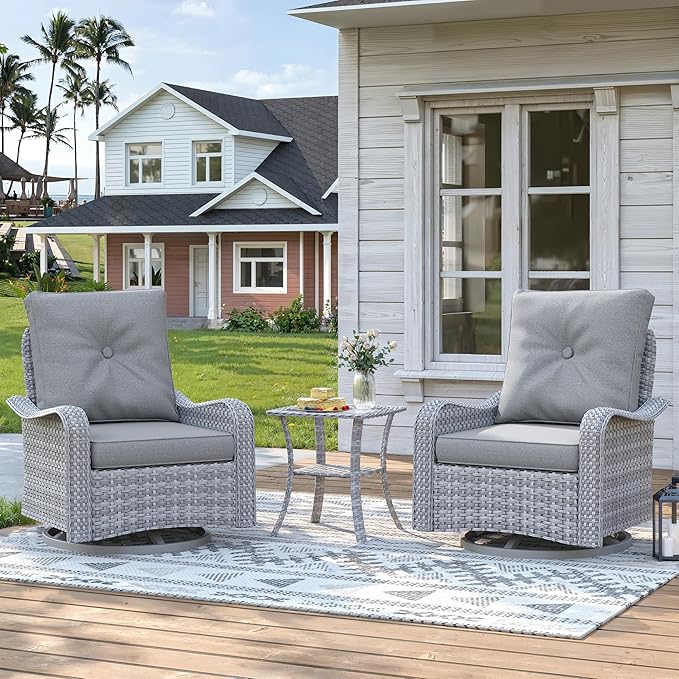 3 Piece Patio Furniture Set with Swivel Rocking Chairs, Outdoor Wicker Conversation Set with 4" Cushions, Glass Side Table, PE Rattan and Rust-Resistant Frame, Grey