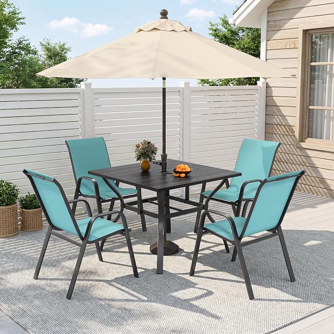 Outdoor Dining Set for 4, Patio Metal Table and Chairs Set with 1.97'' Umbrella Hole, 5pcs Patio Furniture Set 37.8”x37.8” Dining Table Set with Stackable Chairs for Backyard Pool Deck