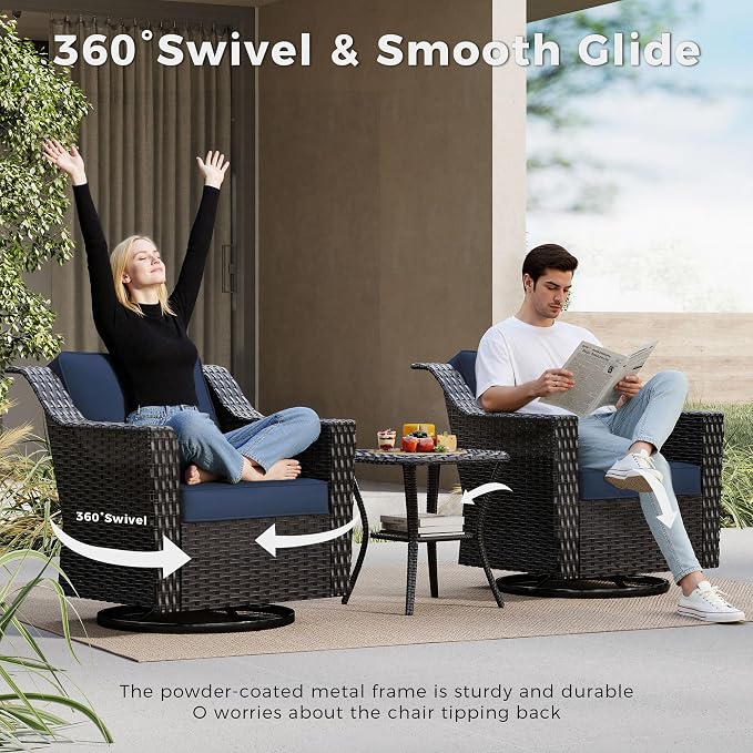 Outdoor Furniture Swivel Chair, Patio Glider Wicker Rocker Seating with Cushions for Porch Deck Balcony (Blue)