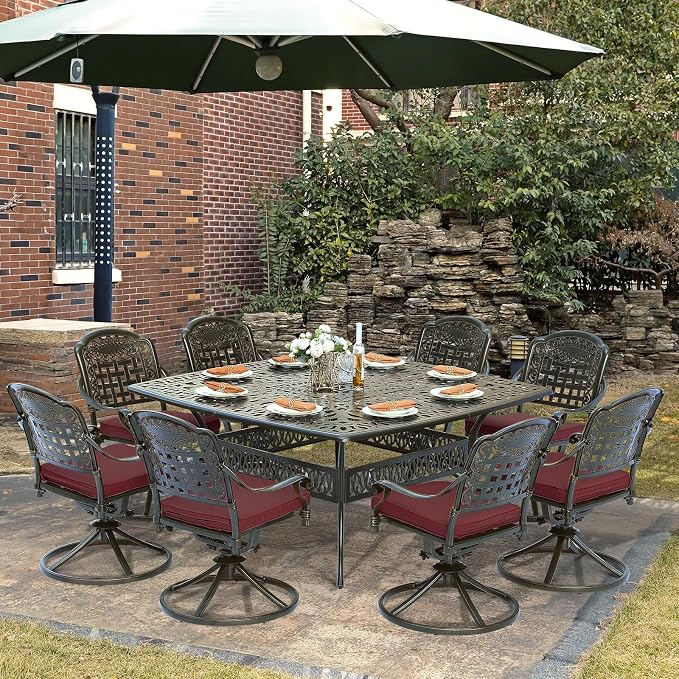 SOCIALCOMF 9-Piece Patio Cast Aluminum Dining Set, Outdoor Table and Chairs Set for 8, Includes 64" Large Square Dining Table and 8 Swivel Rocker Chairs with Umbrella Hole for Lawn Garden, Red