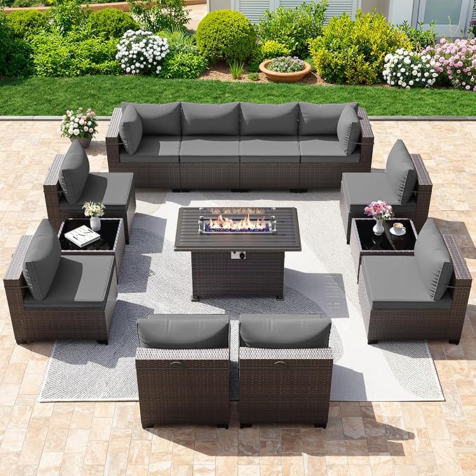 13 Pieces Outdoor Patio Furniture Set,Outdoor Sectional Furniture with 43" 55000 BTU Gas Propane Fire Pit Table,PE Rattan Wicker Patio Conversation Set with 10 Thickened Cushions,Grey
