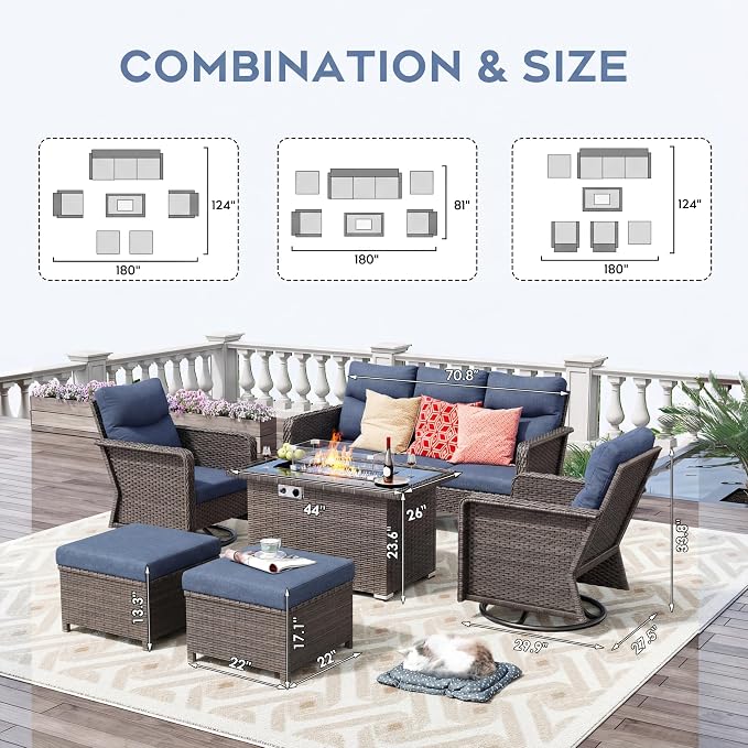 XIAO WEI 6-Piece Outdoor Furniture Set with Fire Pit Table, Wicker Patio Conversation Set with Cushions & Swivel Glide Chairs, All-Weather Patio Furniture Set for Backyard, Garden, Deck (Blue)