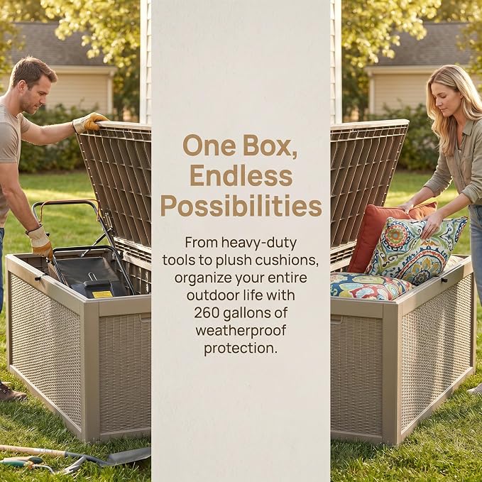 260 Gallon Deck Box, Waterproof Resin Outdoor Storage Box Lockable for Patio Furniture, Fade Resistant Patio Side Table & Organizer for Garden Tools, Pool Float, Outdoor Cushions, Light Coffee