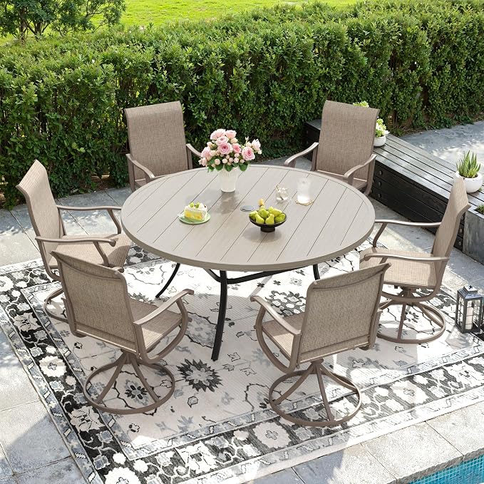 DIFY Outdoor Dining Set for 6, 7 Piece Patio Table and Chairs Set, Swivel Patio Chairs with Sandshell Textilene & 50" Grey Wood-Like Round Metal Dining Table with Umbrella Hole, for Garden Backyard