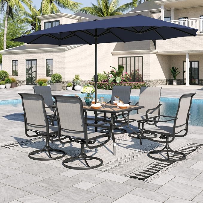 Sophia & William Patio Set with Umbrella Outdoor Dining Set for 6 with 13ft Umbrella Navy Blue, 6 x Patio Chairs Grey, 1 Wood Like Outdoor Dining Table for Deck Lawn Garden (No Umbrella Base)