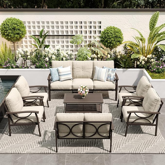 FansaFurn 7-Pieces Outdoor Patio Furniture Set, Outdoor Metal Sectional Furniture with Cushions, Outdoor Conversation Seating Set with Coffee Table for Garden, Balcony, Deck, Backyard, Khaki