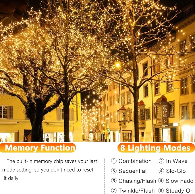 Joomer Solar Fairy Lights, 4Pack Total 104FT 320LED Lights, Warm White | Copper Wire, Solar String Light Waterproof 8 Lighting Modes for Patio Fence Party Garden Yard Home Outdoor Decoration