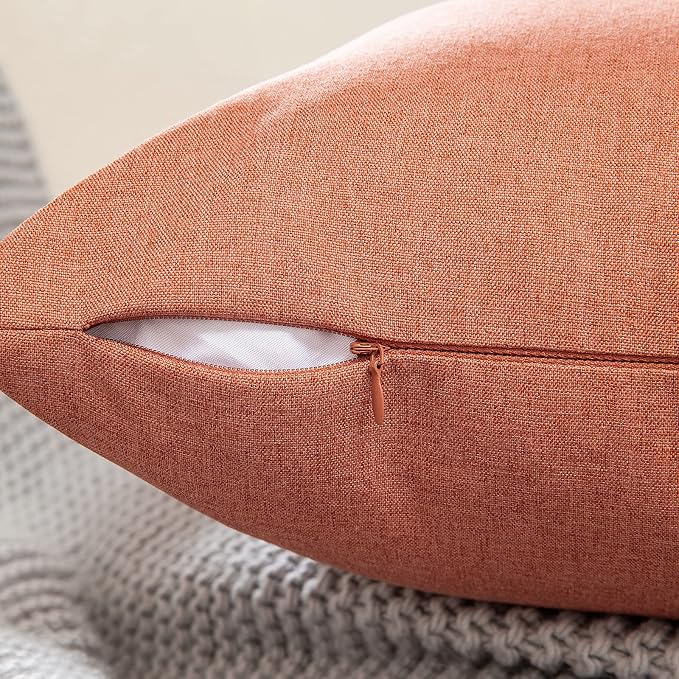 Outdoor Waterproof Throw Pillow Covers Coral Red 18x18 Set of 2 | Decorative Farmhouse Linen Pillowcases Solid Cushion Cases for Patio Tent Balcony Couch Sofa Living Room