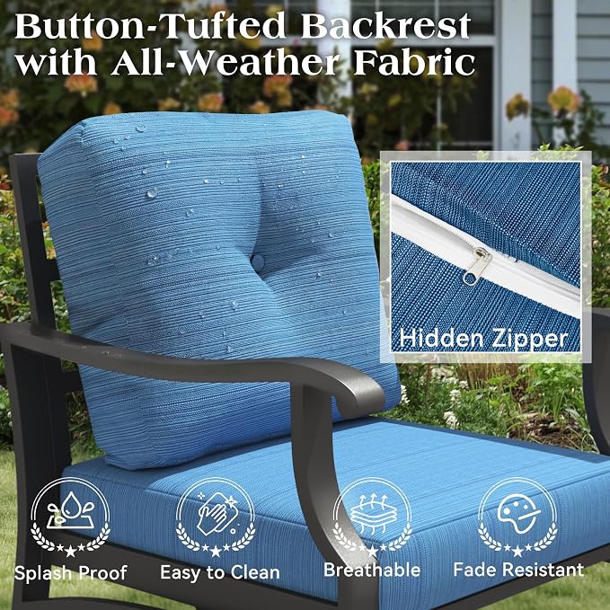 7 Piece Aluminum Patio Conversation Set, Outdoor Metal Furniture Set w/Rocking Swivel Chairs, 3-Seat Sofa, Ottomans and Coffee Side Table, 5" Thickened Cushions for Backyard, Poolside, Blue