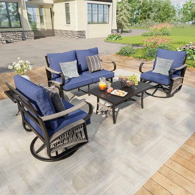 5 Pieces Patio Furniture Set, Rope Outdoor Conversation Sets with Swivel Chairs, Modern Metal Couch Sofa Seating Group with Coffee Table and Side Table (Blue Cushions)
