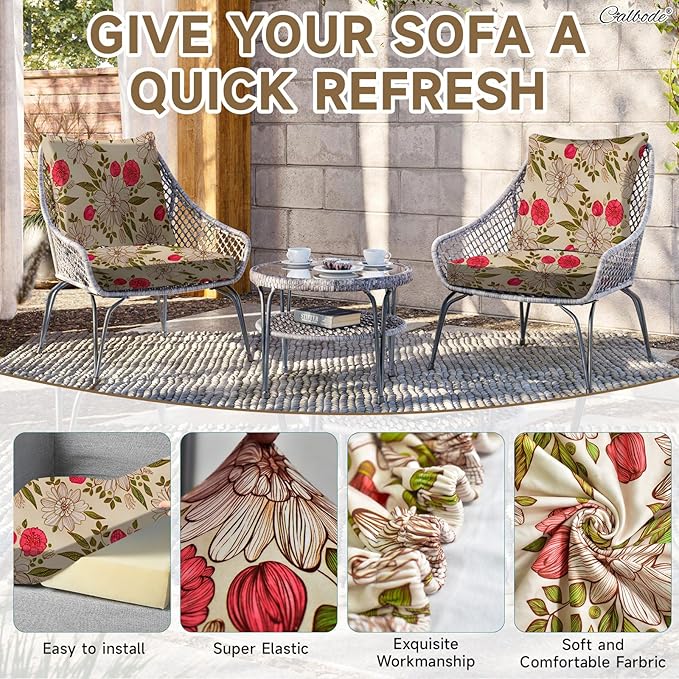 CALBODE 8Pcs Stretch Patio Cushion Cover, Floral Couch & Sofa Slipcovers for Patio Furniture Cushions Washable Reusable Couch Covers Replacement for All-Season (Rosy Pink Floral,Cover Only)