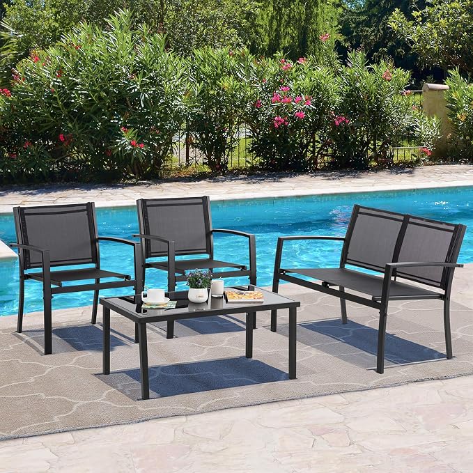 Vongrasig 4 Pieces Patio Furniture Sets, Outdoor Patio Conversation Sets with Glass Coffee Table for Garden, Backyard, Lawn, Poolside (Dark Grey)