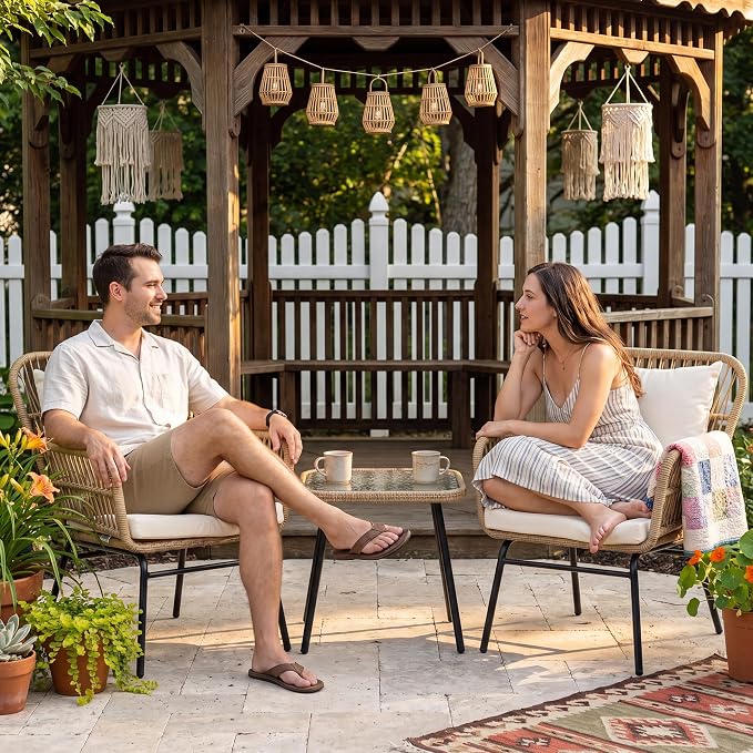 RADIATA 3 Pieces Boho Wicker Patio Chair Set with Thick Cushion and Side Table, Outdoor Conversation Rattan Furniture, Bistro Table and Chair for Porch Deck Backyard Garden, Beige