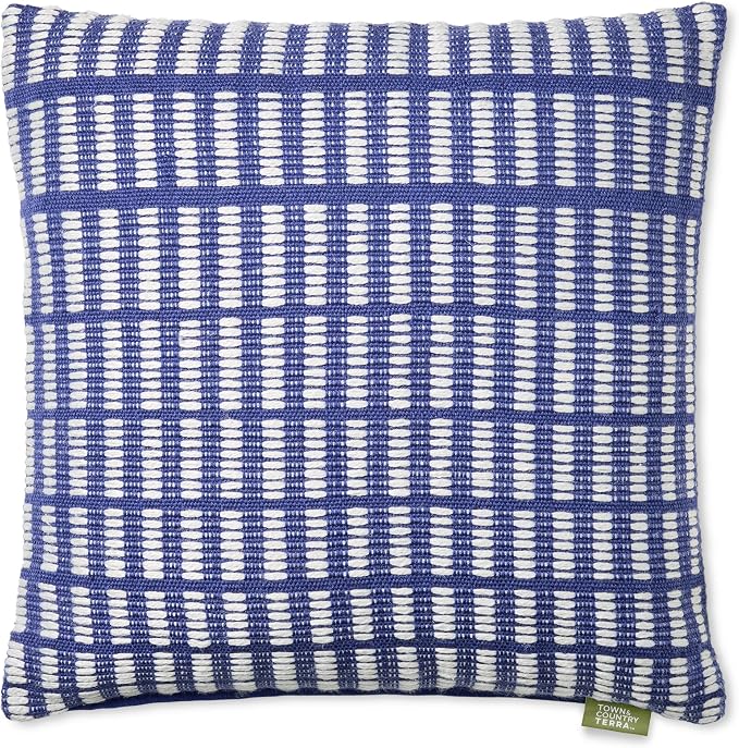 TOWN & COUNTRY TERRA Alara Textured Geo Stripe Handcrafted Indoor Outdoor Decorative Pillow, 100% Recycled Materials, UV Fade Resistant, Water Repellent, Blue/Ivory, 20"x20"
