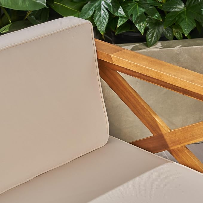 Merax Patio Furniture Set L-Shape Sofa with Table and Cushions for 3-Person, Acacia Wood Outdoor Conversation Set for Patio Deck Backyard Poolside (Beige)
