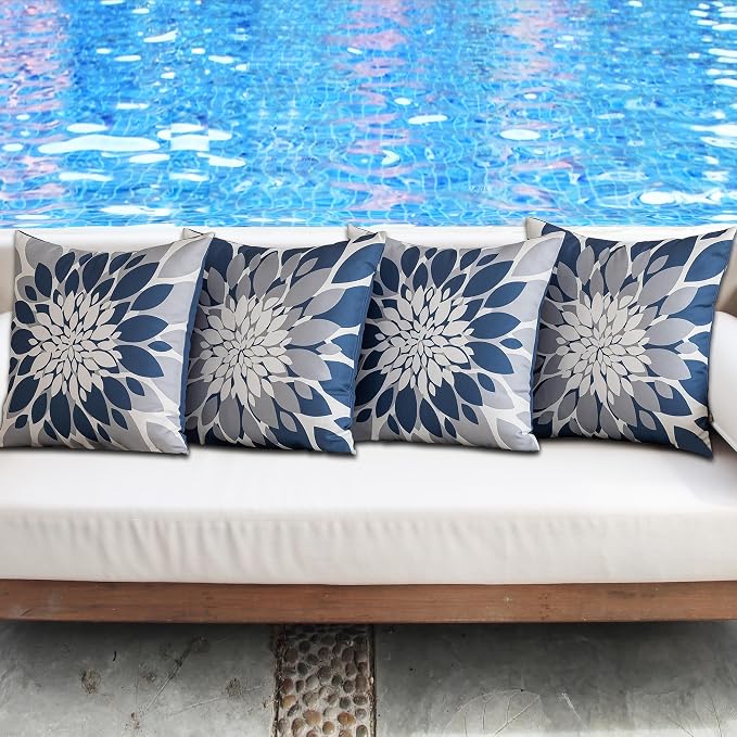 Pack of 4 Outdoor Waterproof Pillow Covers 22x22 Decorative Outdoor Throw Pillows Garden Square Cases for Patio Furniture, Couch, Tent Sunbrella, Bench, Blue Grey